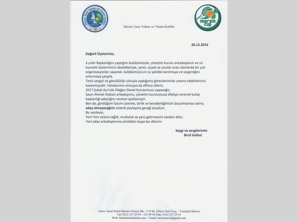 KULÜP BAŞKANIMIZ SAYIN BİROL GELBUL'DAN DUYURU