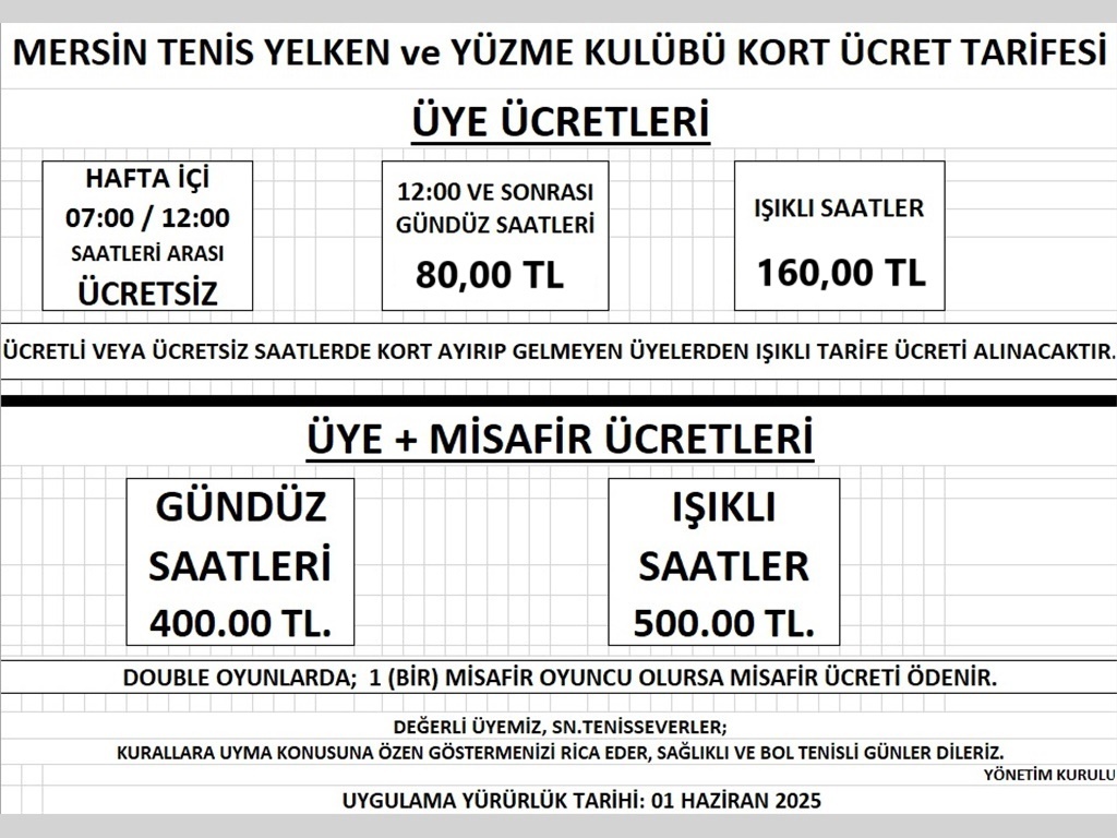 KORT ÜCRET TARİFEMİZ GÜNCELLENDİ...